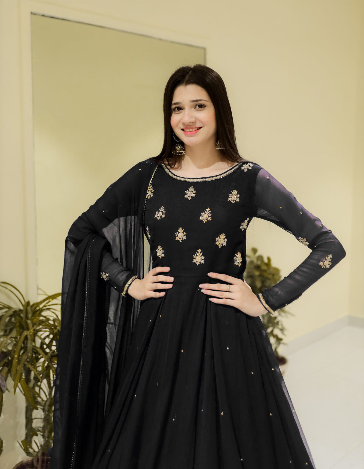 Neck & Sleeves Sequence Embroidered with Lace and front & Back Pearls Attached Maxi with Pearls Dupatta 3PCs