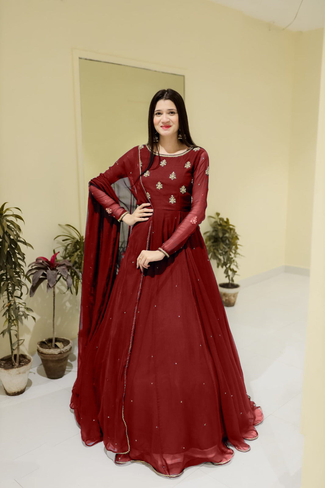 Neck & Sleeves Sequence Embroidered with Lace and front & Back Pearls Attached Maxi with Pearls Dupatta 3PCs