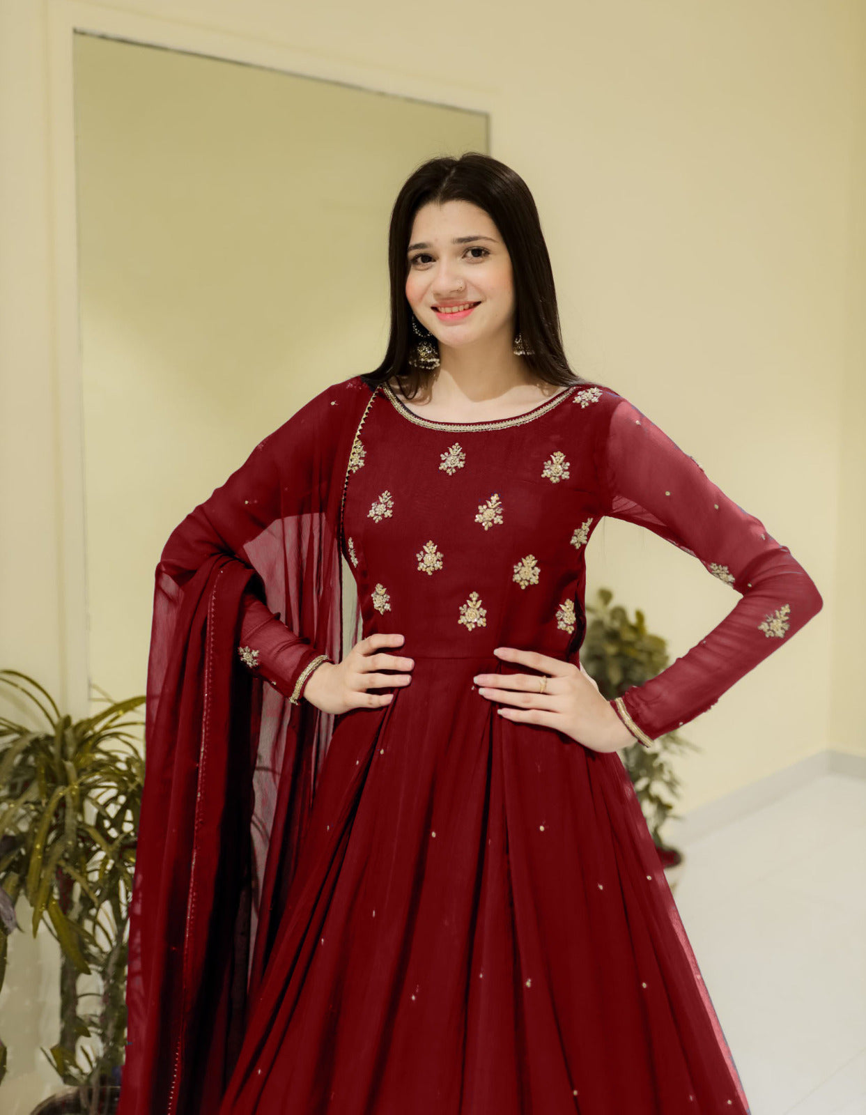 Neck & Sleeves Sequence Embroidered with Lace and front & Back Pearls Attached Maxi with Pearls Dupatta 3PCs